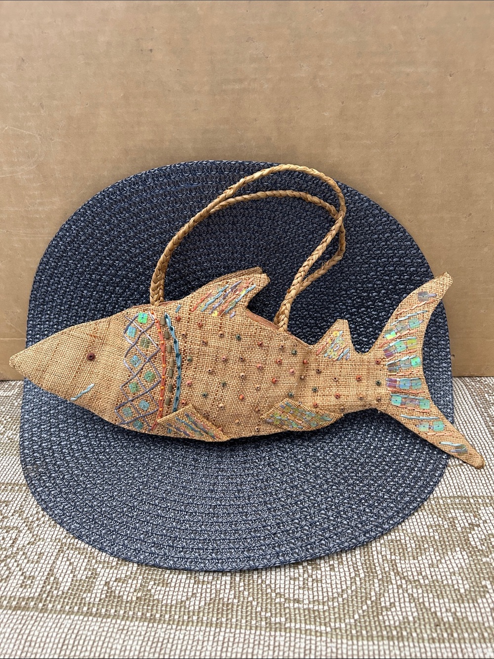 Cappelli Straworld Beaded Fish-Shaped Straw Purse in Natural and Turquoise-NWOT